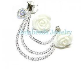 White Rose Swarovski Chain Ear Cuff