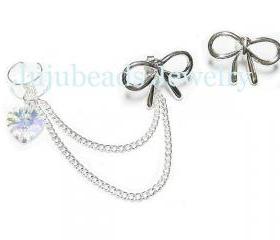 Silver Skinny Bows Swarovski Chain Ear Cuff Set